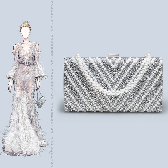 Thin silver bag womens rhinestone pearl dinner clutch - Memoo.com Thin silver bag womens rhinestone pearl dinner clutch - Memoo.com